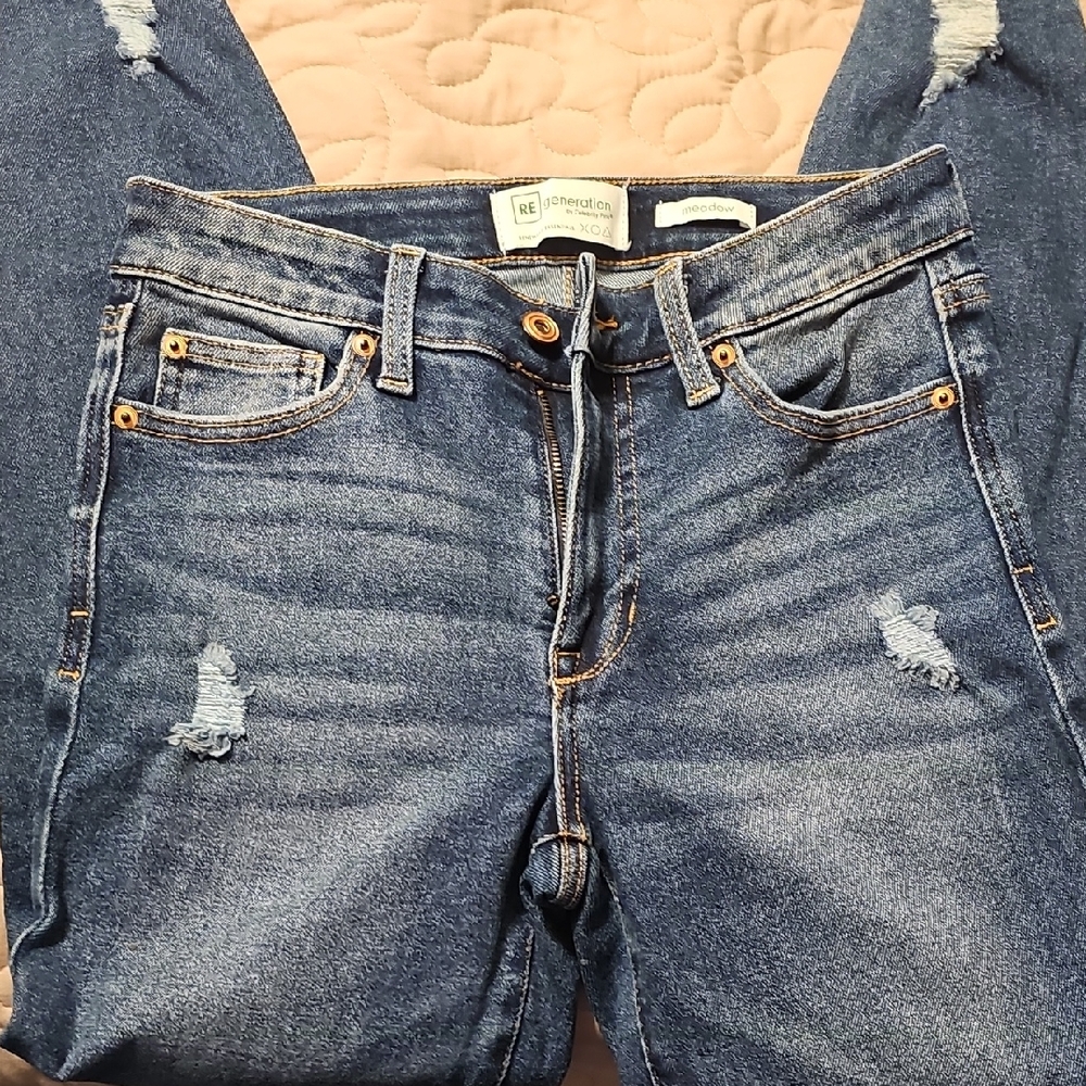 Reformation Blue High Rise Jeans with Distressed Details